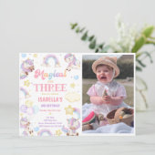 Zauberhaftes Drei-Regenbogen-Einhorn 3. Geburtstag Einladung (Stehend Vorderseite)