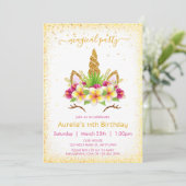 Zauberhaftes Einhorngesicht mit Blumengeburten Einladung (Stehend Vorderseite)