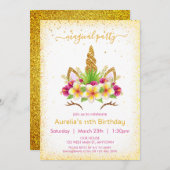 Zauberhaftes Einhorngesicht mit Blumengeburten Einladung (Vorne/Hinten)