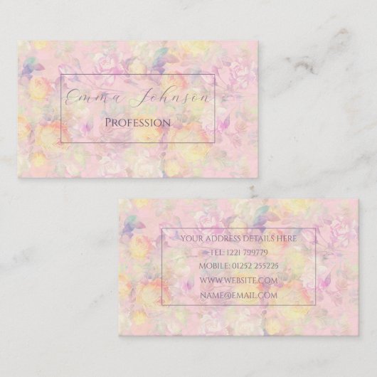 Zauberhaftes, gelbes weißes Rosenmuster Blumenrosa Visitenkarte (Vorne/Hinten)