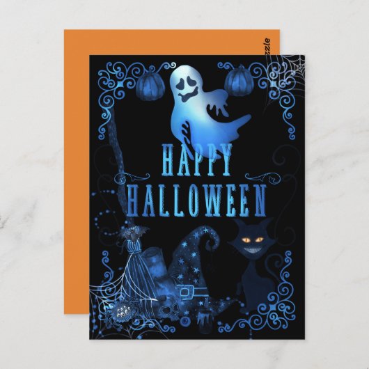 Zauberhaftes Halloween Black Cat Blue Glow Lights Postkarte (Vorne/Hinten)
