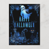Zauberhaftes Halloween Black Cat Blue Glow Lights Postkarte (Vorderseite)