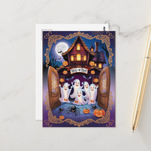 Zauberhaftes Halloween-Katze und Kürbishaus Postkarte