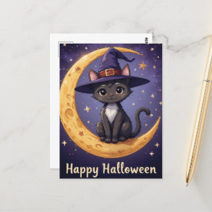 Zauberhaftes Halloween-Katzenrohhut und Mondligh Postkarte