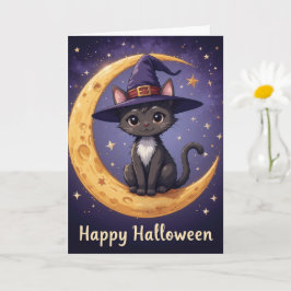 Zauberhaftes Halloween-Schwarze-Katze-Hut und Mond Karte