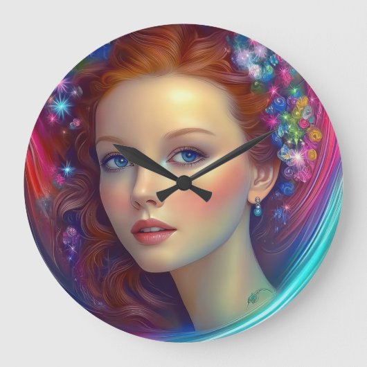 Zauberhaftes Rainbow-Hair-Portrait Große Wanduhr (Vorderseite)