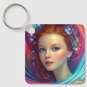 Zauberhaftes Rainbow-Hair-Portrait Schlüsselanhänger
