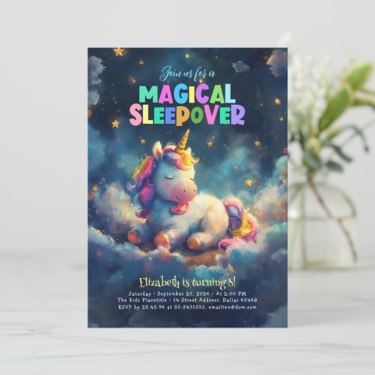 Zauberhaftes Sleepover Einhorn Schlummergeburt Par Einladung (Stehend Vorderseite)