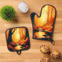 Zauberhaftes Waldglühen Ofenhandschuh & Topflappen-Set