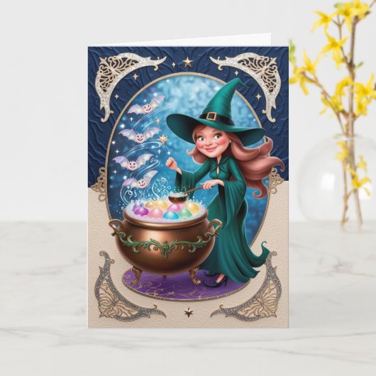 Zauberhexe mit Cauldron Mystical Karte (Gelbe Blume)