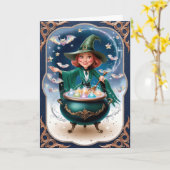 Zauberhexe mit Cauldron-Verzauberung Karte (Gelbe Blume)
