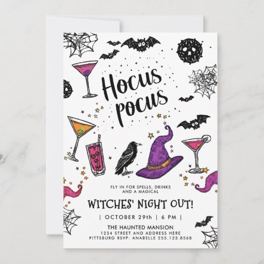 Zauberhexen Abendessen farbenfrohe Halloween-Drink Einladung (Vorderseite)