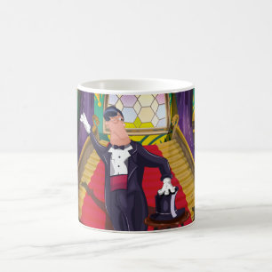 Zauberkünstler führt Zaubertrick auf der Bühne auf Kaffeetasse
