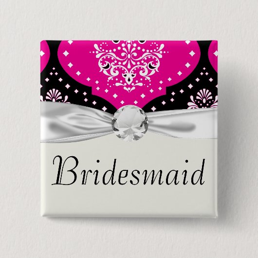 Zauberrosa Schwarz-weißer Henna-Damast Button (Vorderseite)