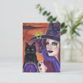 Zaubersprüche Halloween Hexe mit schwarzer Katze. Postkarte (Stehend Vorderseite)