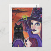 Zaubersprüche Halloween Hexe mit schwarzer Katze. Postkarte (Vorne/Hinten)
