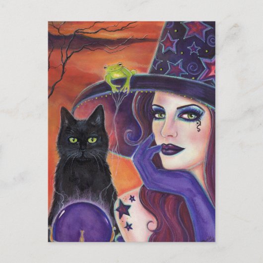 Zaubersprüche Halloween Hexe mit schwarzer Katze. Postkarte (Vorderseite)