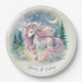 Zaubersprudelnder, whimsicaler Einhorn-Kindergebur Pappteller (Vorderseite)