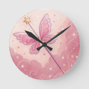 Zauberstab & Feenflügel-Nursery-Kunst – Funkelnd Runde Wanduhr