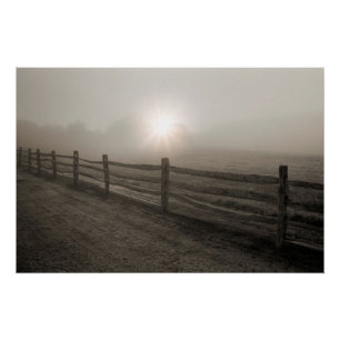 Zaun und Sonnendurchbruch durch Nebel nahe Sharon Poster