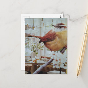 Zaunkönig im Wohnzimmer Surrealer Collage Postkarte