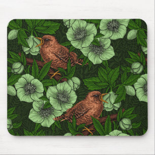 Zaunkönig und Christrose auf dunkelgrün Mousepad