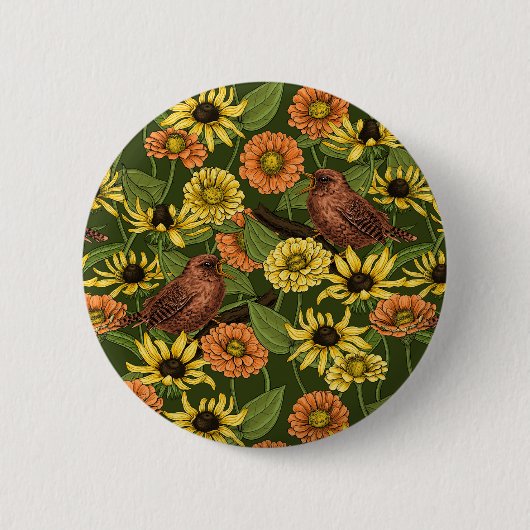 Zaunkönige und Blumen auf grünem Grund Button (Vorderseite)