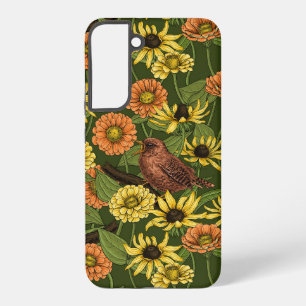 Zaunkönige und Blumen auf grünem Hintergrund Samsung Galaxy Hülle