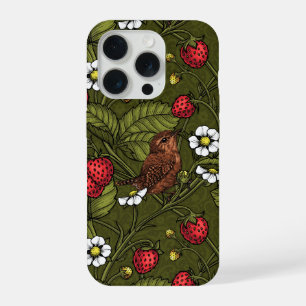 Zaunkönige und Erdbeeren auf dunkelgrünem Hintergr iPhone 15 Pro Hülle