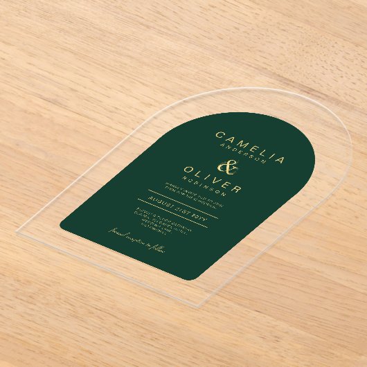 Zazzle Acrylic Wedding Emerald Green Gold Text Acryleinladungen (Ablage )