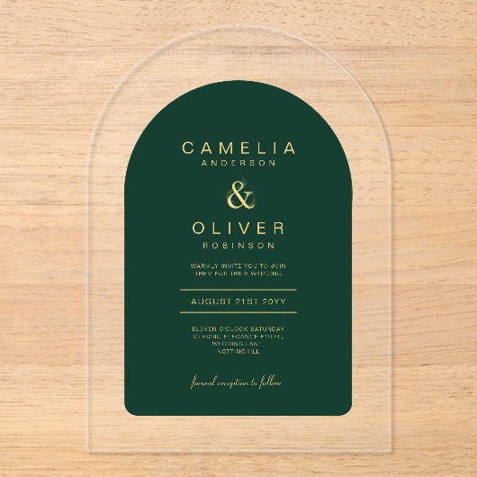 Zazzle Acrylic Wedding Emerald Green Gold Text Acryleinladungen (Vorderseite)