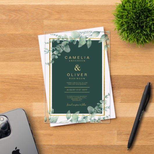 Zazzle Acrylic Wedding Green Eukalyptus Gold Text Acryleinladungen (Insitu (Einladungskarte))