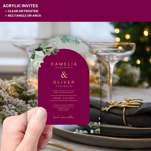 Zazzle Acrylic Wedding Magenta Blätter Gold Text Acryleinladungen