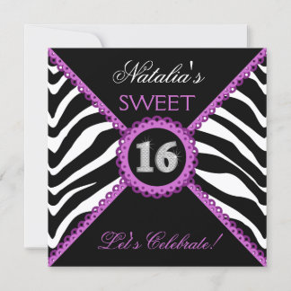 Zebra 16 . Geburtstag Lila Lace Bling Einladungen