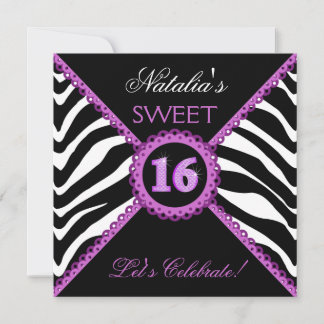 Zebra 16 . Geburtstag Lila Lace Bling Einladungen