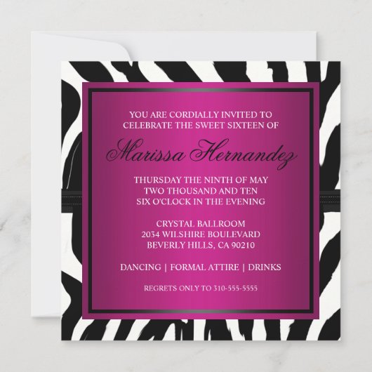 Zebra-16. Geburtstag-Monogramm Einladung (Rückseite)