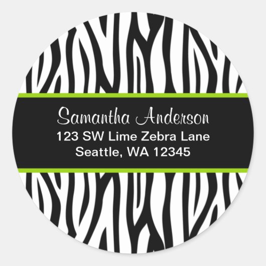 Zebra-Adressetikett für Schwarz und Kalkgrün Runder Aufkleber (Vorderseite)