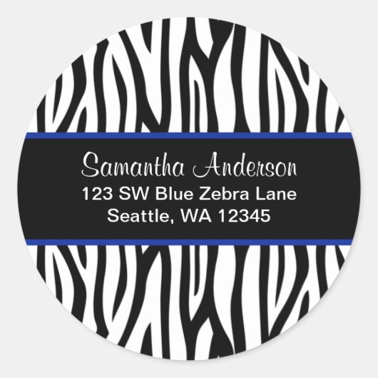 Zebra-Adressetikett für Schwarz und Navy Blau Runder Aufkleber (Vorderseite)