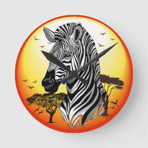 Zebra African Savanna Wild Animal Runde Wanduhr