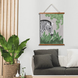 Zebra amongst Leaves Wood Topped Wall Tapestry Wandteppich Mit Holzrahmen