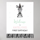 Zebra Animal Birthday Party Begrüßungszeichen Poster (Vorne)