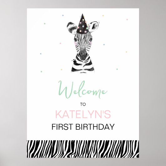 Zebra Animal Birthday Party Begrüßungszeichen Poster (Vorne)