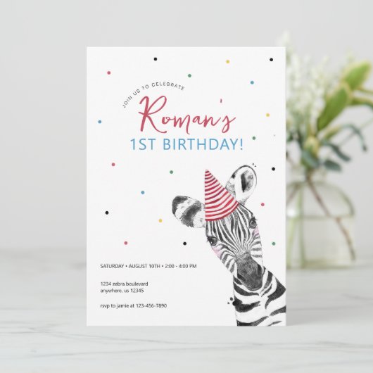 Zebra Animal Birthday Party Einladung (Stehend Vorderseite)