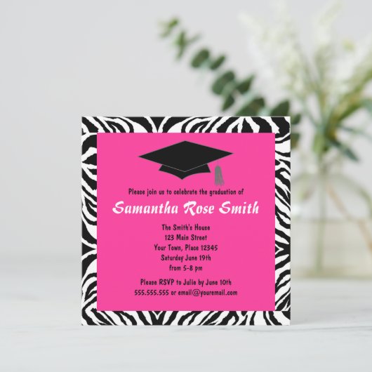 Zebra Animal Print Hot Pink Graduation Party Einladung (Stehend Vorderseite)