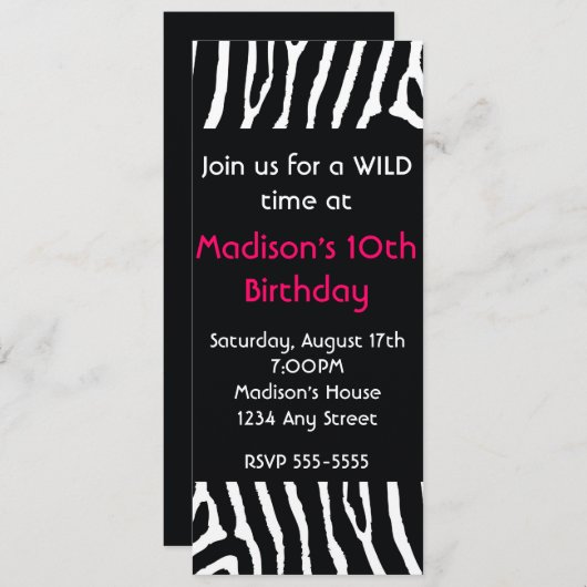 Zebra Animal Print Long Birthday Party Einladung (Vorne/Hinten)