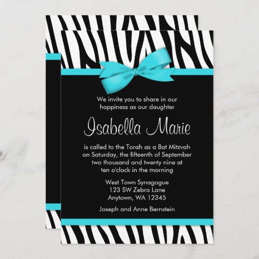 Zebra Aquamarin Blue Printed Bow Bat Mitzvah Einla Einladung (Vorne/Hinten)