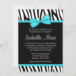 Zebra Aquamarin Blue Printed Bow Bat Mitzvah Einla Einladung