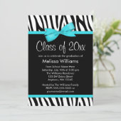 Zebra Aquamarin Blue Printed Bow Graduation Party Einladung (Stehend Vorderseite)