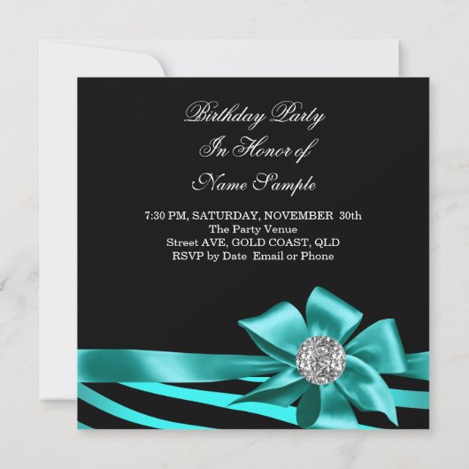 Zebra Aquamarin Silver Jewel Black Elegantes Party Einladung (Rückseite)