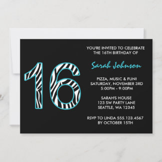 Zebra Aquamarin und Black Sweet 16 Geburtstag Einl Einladung
